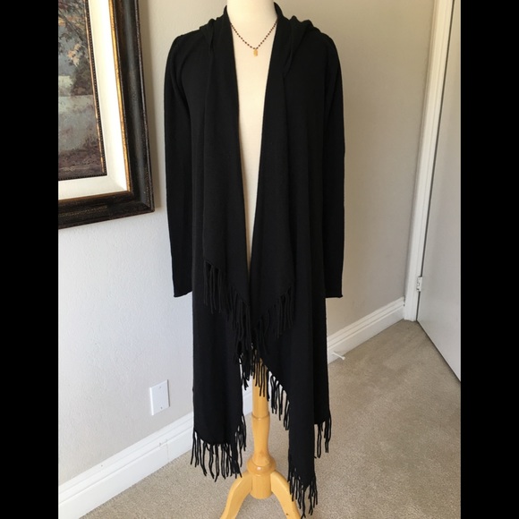 Jamison Sweaters - Jamison Black Hooded Fringe Wool Cashmere Sweater
